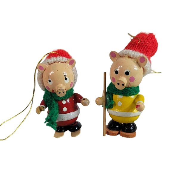 Vintage Wooden Pig Christmas Ornaments Walking Skiiing Knit Hats Lot of 2 READ - Picture 1 of 10